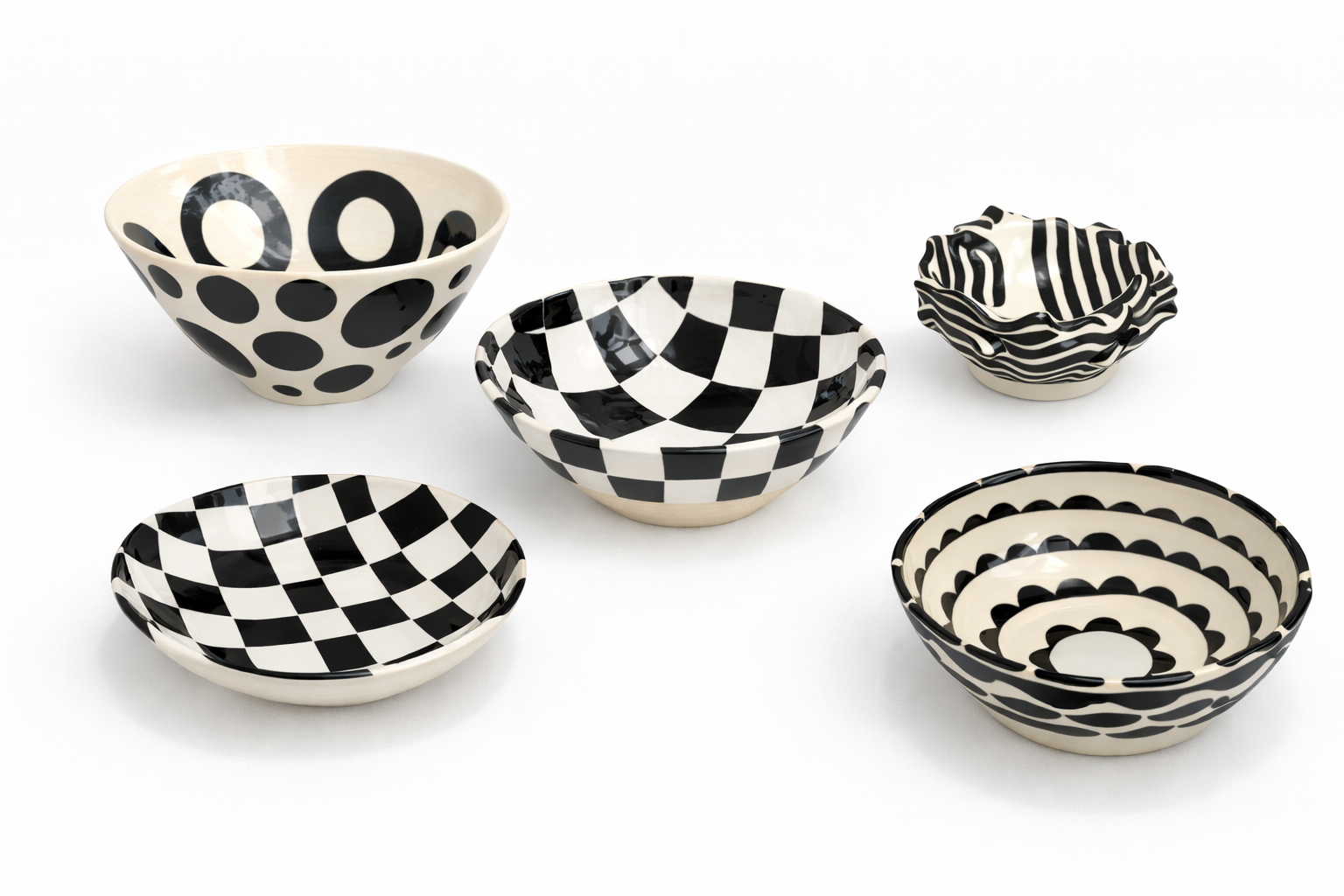Six bols en céramique noire et blanche à motifs géométriques