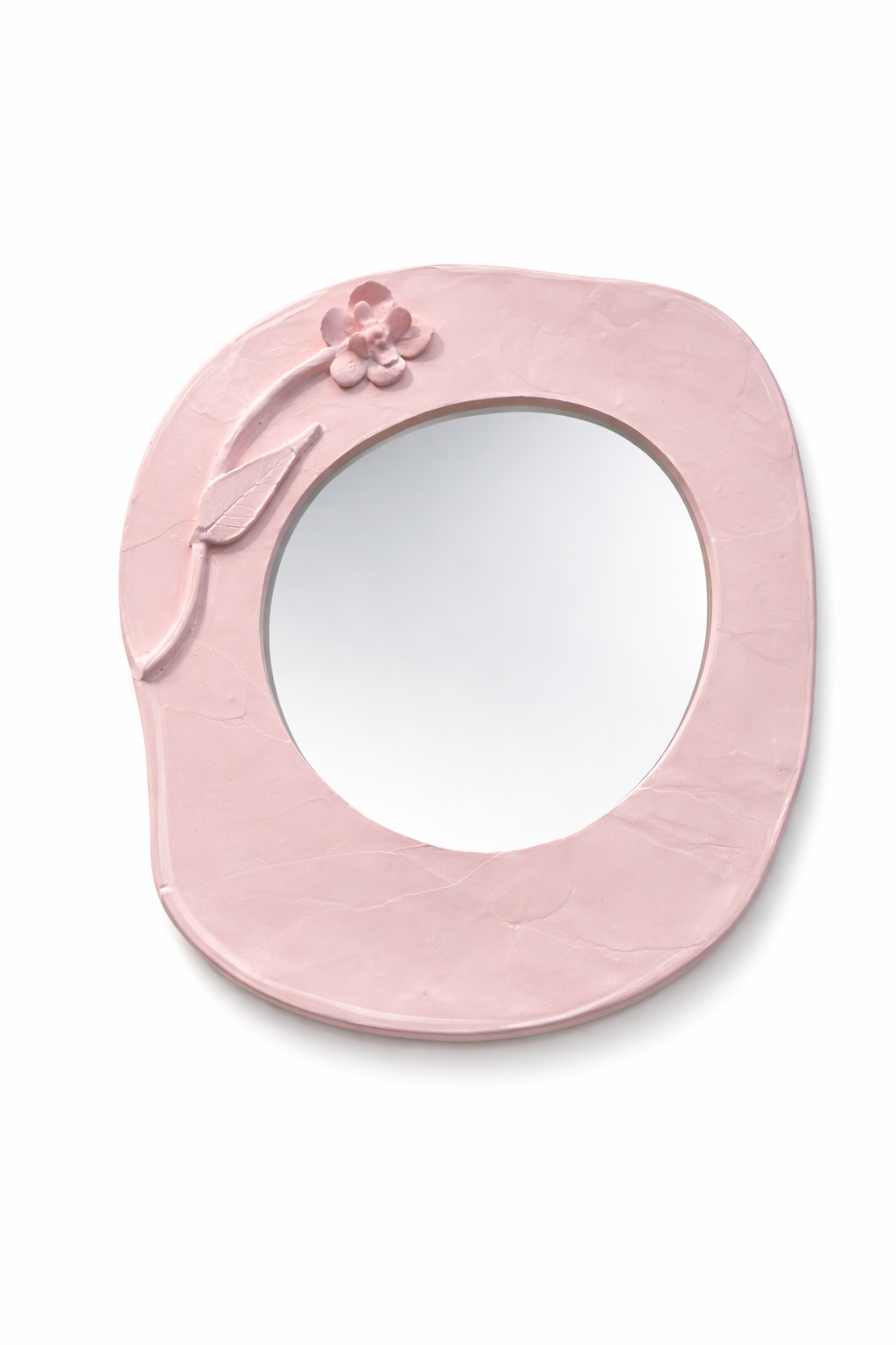 Miroir rond au cadre en céramique rose pastel fleuri